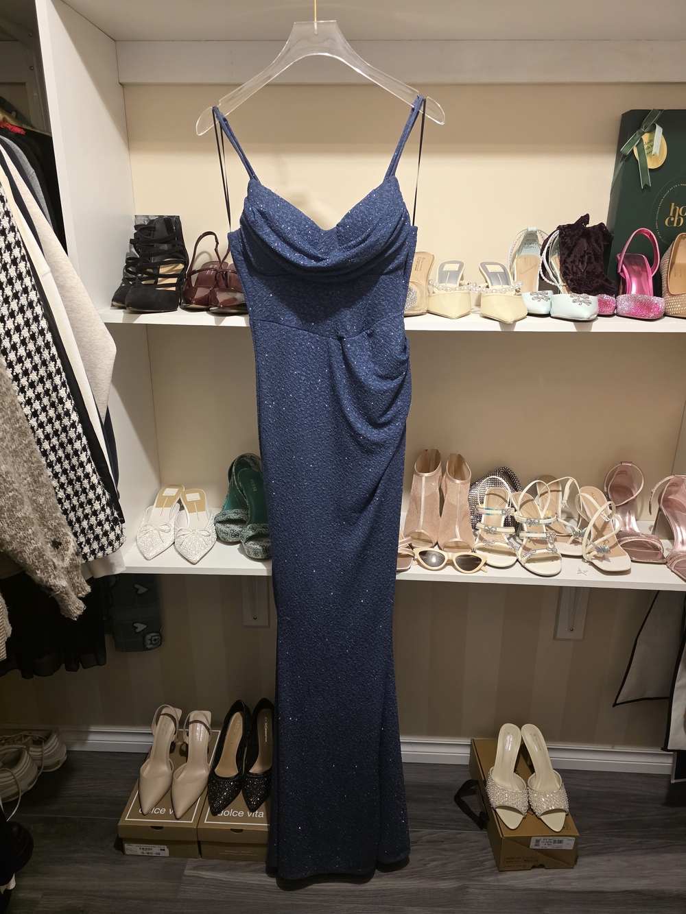 Windsor Navy Sparkle Draped Cowl Maxi Dress